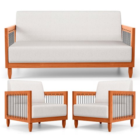Kit 02 Poltronas e 01 Sofá Samoa Madeira Maciça com Cordas Náutica Linho Natural - Desk Design