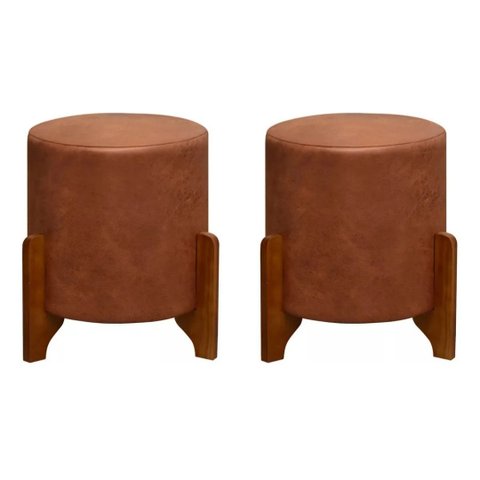 2 Puf Thor  Puff Redondo com Pés em Madeira 35x35cm Tecido Corano Camel Cor Marrom Couro
