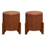 2 Puf Thor  Puff Redondo com Pés em Madeira 35x35cm Tecido Corano Camel Cor Marrom Couro - 1