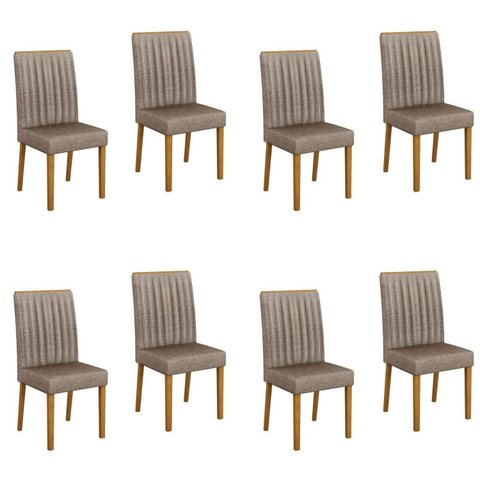 Kit 8 Cadeiras para Sala de Jantar Pés em Madeira Maciça Mari Bege/Cinamomo/Linho