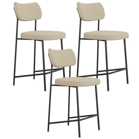 Kit 03 Banquetas Baixa Bar Cozinha Sala de Jantar Preto Elira L02 Linho Bege Escuro - Lyam Decor