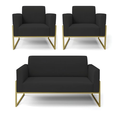 Sofá Namoradeira com 2 Poltronas Base Industrial Alta Dourado Marisa Veludo Preto D03 - D’Rossi Dros