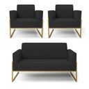 Ver imagem 1 de Sofá Namoradeira com 2 Poltronas Base Industrial Alta Dourado Marisa Veludo Preto D03 - D’Rossi Dros
