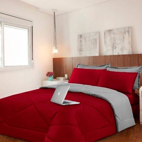 Jogo de Cama Casal 6 peças com Edredom e Lençol Vermelho e Cinza Casa Dona