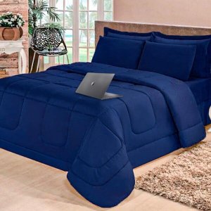 Jogo de Cama Casal 6 peças com Edredom e Lençol Azul Marinho Casa Dona