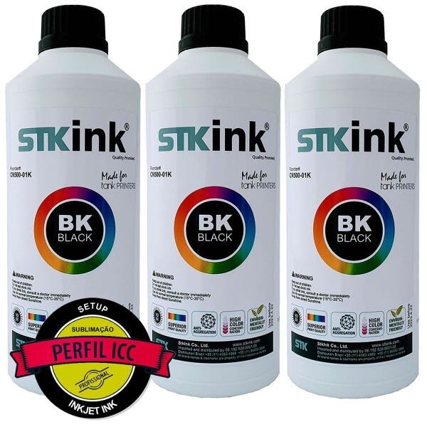 3 x 100ml Preto Tinta Sublimática Digital STK com perfil ICC