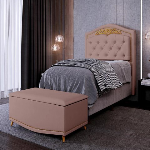 Cabeceira Cama Box Solteiro 90cm Com Calçadeira Baú Imperial J02 Suede Rosê - Mpozenato
