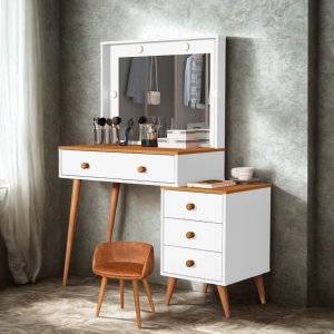 Penteadeira Agata com Banqueta Amsterdã Cor Branco com Nature