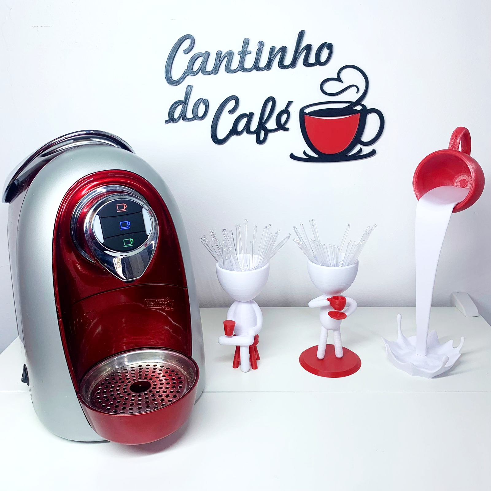Kit Decorativo Cantinho do Café - Robert Plant Xícara Flutuante e Letreiro - Branco com Vermelho - 2