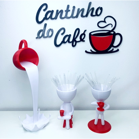 Kit Decorativo Cantinho do Café - Robert Plant Xícara Flutuante e Letreiro - Branco com Vermelho