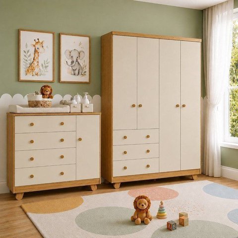 Quarto de Bebê Guarda-Roupa 4 Portas e Cômoda 4 Gavetas Levy 100% MDF Espresso Móveis