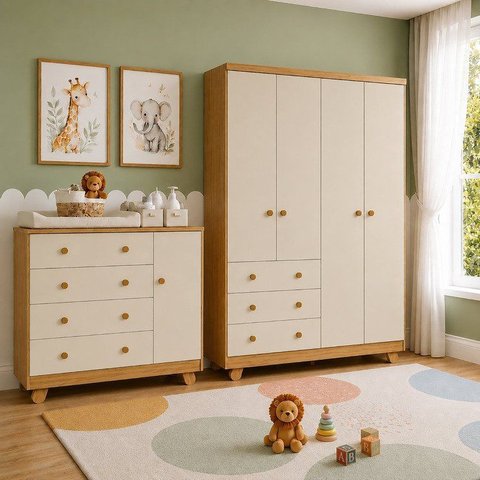 Quarto de Bebê Guarda-Roupa 4 Portas e Cômoda 4 Gavetas Levy 100% MDF Espresso Móveis
