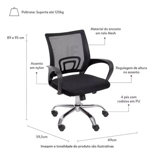 Cadeira de Escritório Giratória Office Arco Estofado Mesh - Preto - Algodão - 6