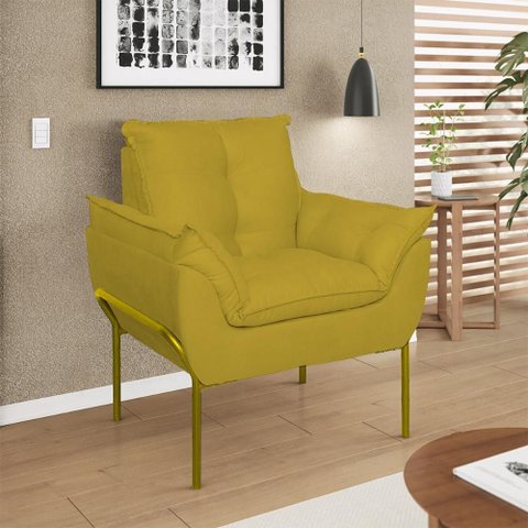 Poltrona Sofá Luxo Base Metal Dourada Recepção Escritório Cor:amarelo