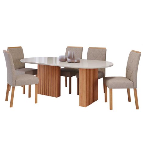 Sala de Jantar Completa Mesa Ester 2,10 Oval com 6 Cadeiras Fernanda Wood Cinamomo/off/mad/linho Beg