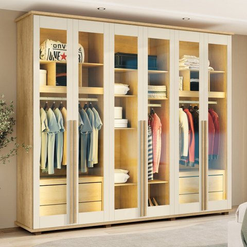 Guarda-Roupa Casal 6 Portas com Vidro Reflecta e LED 4 Gavetas Internas 3 Maleiros Royal Off White/Cinamomo