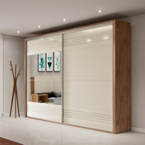 Guarda-roupa 2 Portas de Correr 4 Gavetas 6 Prateleiras Espelhado Ripado Nobre/off White - Dalla Cos