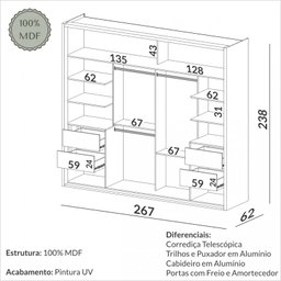 Guarda-roupa 2 Portas de Correr 4 Gavetas 6 Prateleiras Espelhado Ripado Nobre/off White - Dalla Cos - 4