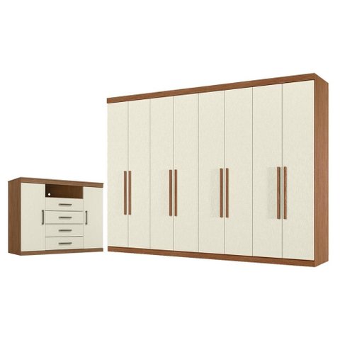 Guarda Roupa Casal 8 Portas 4 Gavetas Master New e Cômoda Havana Master Jatobá Areia - Santos Andirá