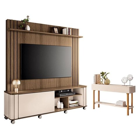 Estante Home Theater Trinus Castanho Off White com Aparador Fiero Off White - Hb Móveis