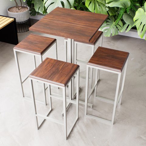 Conjunto Mesa Alta Bar Bistrô Quadrada 4 Bancos Imbuia Industrial White Don Castro Decor Industrial
