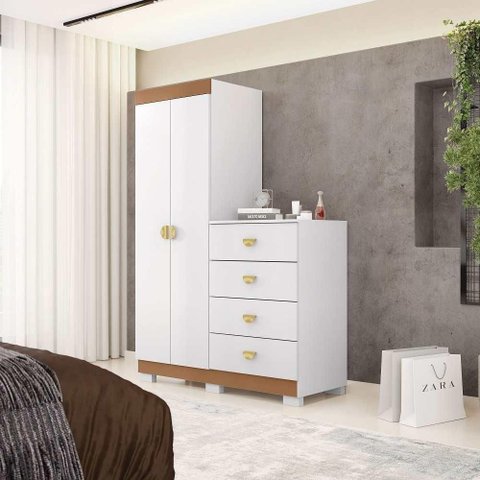 Guarda-roupa com Cômoda Embutida 2 Portas 4 Gavetas Cristal - Branco Camarim - Vila Rica