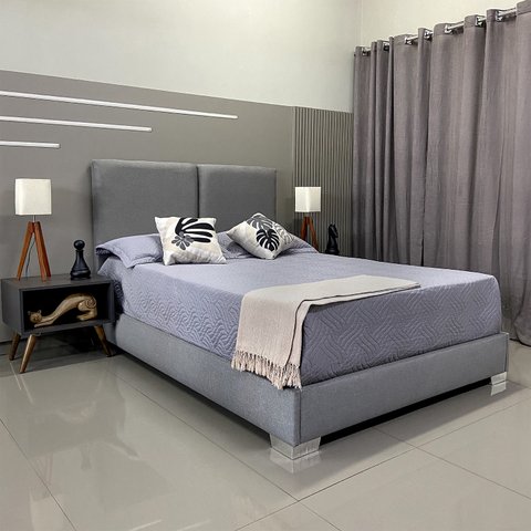 Cama Moderna Luxo com Cabeceira Módena Linho Cinza Rbl Queen 1,95 X 2,05