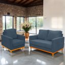 Ver imagem 3 de Kit Poltrona e Sofa Berlim 2 Lugar Base de Madeira Tecido Acquablockl Azul Petroleo