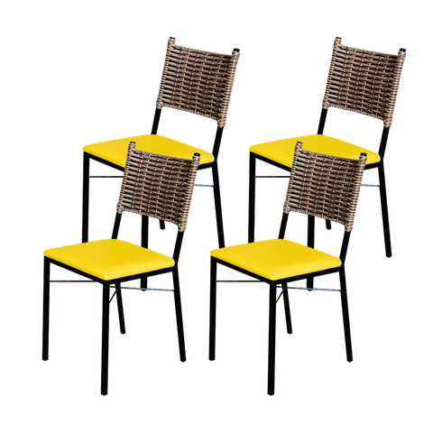 Kit 4 Cadeiras Para Cozinha Preta Ratan Cappuccino Assento Estofado - Amarelo