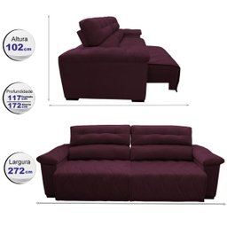 Sofá 2,72M Retrátil e Reclinável com Molas Cama Inbox Top Tecido Suede Velusoft Vinho - 2