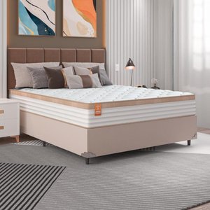 Cama Box Casal Colchão Molas Ensacadas Real 138x188x65cm Branco / Bege - Suporta até 130Kg