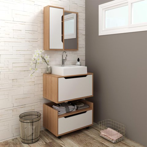 Kit Banheiro Modulado com Espelho Cuba e Gaveteiro Amêndoa Branco Tecno Mobili