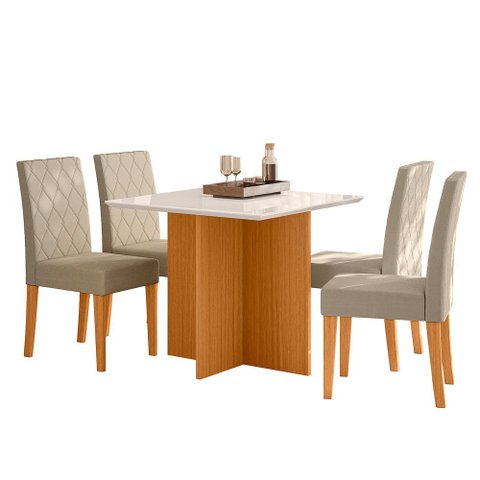 Mesa Jantar Helo Quadrado 90cm Freijo/off White- Tampo Vidro