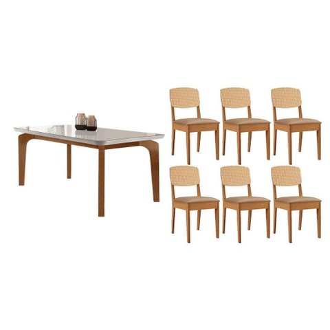 Conjunto: Mesa de Cozinha Londrina Tampo c/ Vidro Curvo 180cm+6 Cadeiras Havana Naturale/Off White