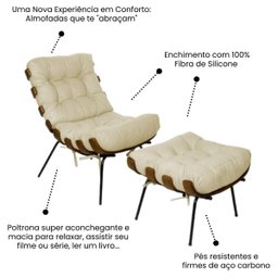 Poltrona Sala Estar Decorativa Costela de Adão com Puff Luxo:poltrona Costela Veludo Bege Claro - 5