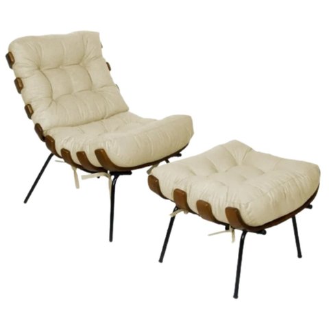 Poltrona Sala Estar Decorativa Costela de Adão com Puff Luxo:poltrona Costela Veludo Bege Claro