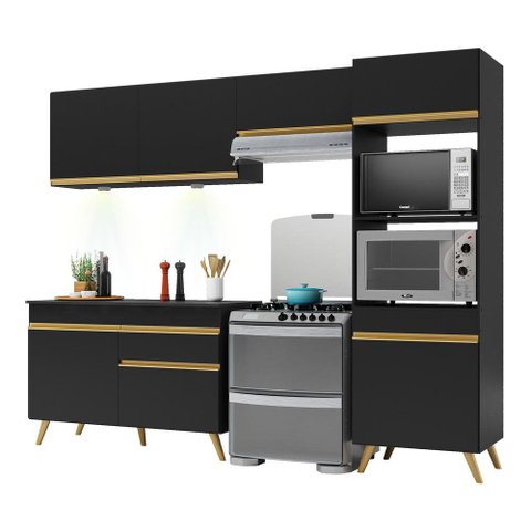 Armário de Cozinha Compacta 252cm com Leds Veneza Up Multimóveis V2018 Preto/Dourado