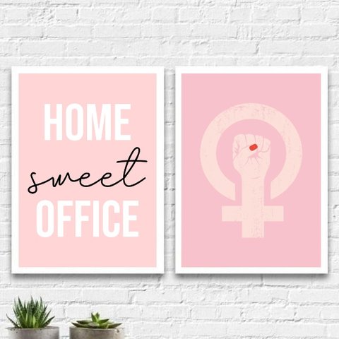 Kit 2 Quadros Home Office Feminino 45x34cm - com vidro:Madeira branca