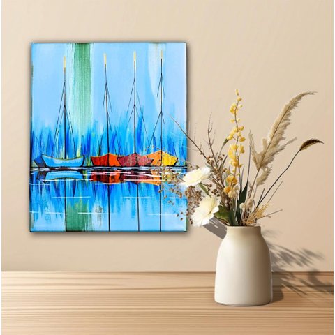 Mini Quadro Decorativo de Barcos Pintados a Mão em Acrílico Medindo 30x25cm