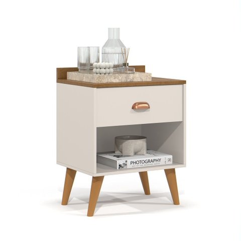Mesa de Cabeceira Pérola New com Pés Estilo Retrô e Puxador Moderno para Quarto com 1 Gaveta - Br -