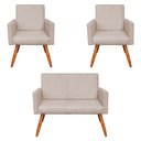 Ver imagem 1 de Kit 2 Poltronas e Namoradeira Nina Suede Bege Pés Palito Castanho - Pallazio