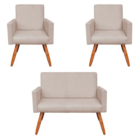 Kit 2 Poltronas e Namoradeira Nina Suede Bege Pés Palito Castanho - Pallazio