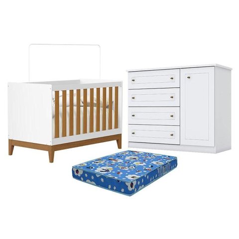 Berço Americano Flip Branco Acetinado Savana Reller e Cômoda Infantil Americano Brando Hp e Colch