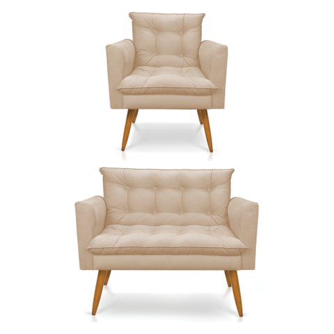 Kit Poltrona e Namoradeira 2 Lugares Olivia Suede Pés Palito Castanho - Pallazio - Bege