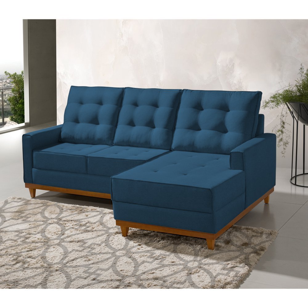 Sofá com Chaise Base Madeira Maciça Ibiza 2,10 M Veludo Azul - 1