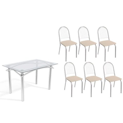 Conjunto: Mesa de Cozinha Elba C/ Tampo de Vidro 120cm e 6 Cadeiras Noruega Cromada - Courano Bege