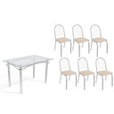 Ver imagem 1 de Conjunto: Mesa de Cozinha Elba C/ Tampo de Vidro 120cm e 6 Cadeiras Noruega Cromada - Courano Bege