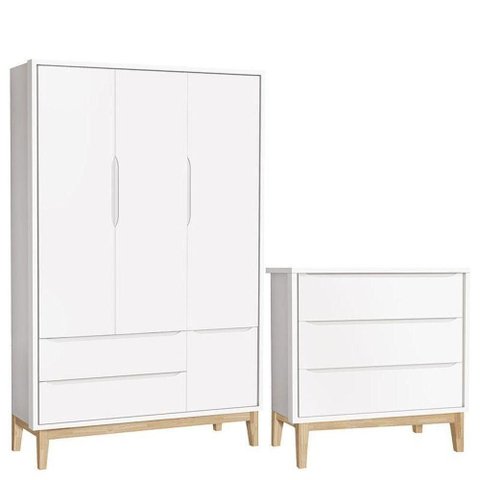 Cômoda Gaveteiro e Guarda Roupa Infantil 3 Portas New Classic Branco com Pés Madeira Natural -