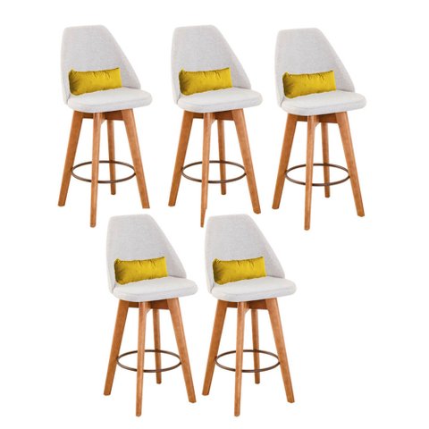 Kit 05 Banquetas Alta Maya Giratória Com Encosto Gourmet Linho Bege e Almofada Sintético Amarelo