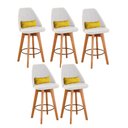 Ver imagem 1 de Kit 05 Banquetas Alta Maya Giratória Com Encosto Gourmet Linho Bege e Almofada Sintético Amarelo